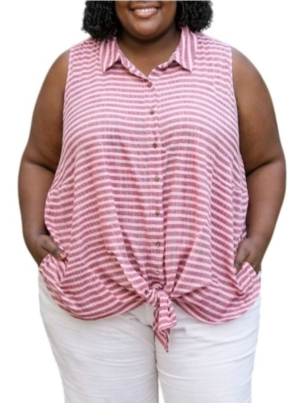 Terra & Sky Plus Size 4X Top Sleeveless Pink White Striped Button-Down Tie Front